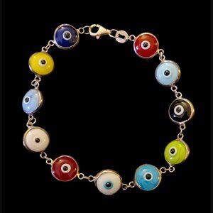 925 Sterling Silver Evil Eye Multicolor 10mm Glass Bead Size 7 Bracelet